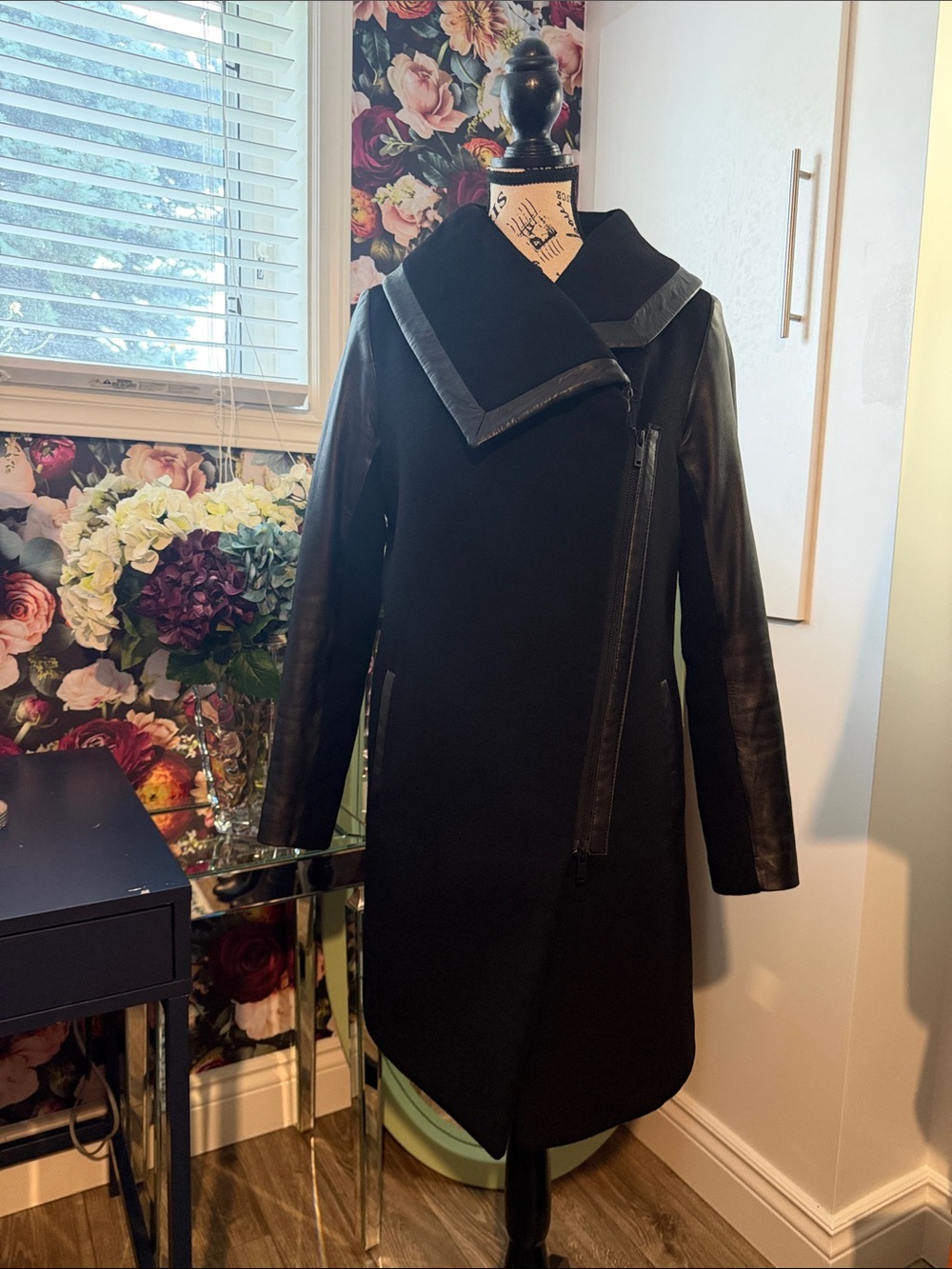 Stunning Danier Black Wool Trench Coat with Leather Sleeves